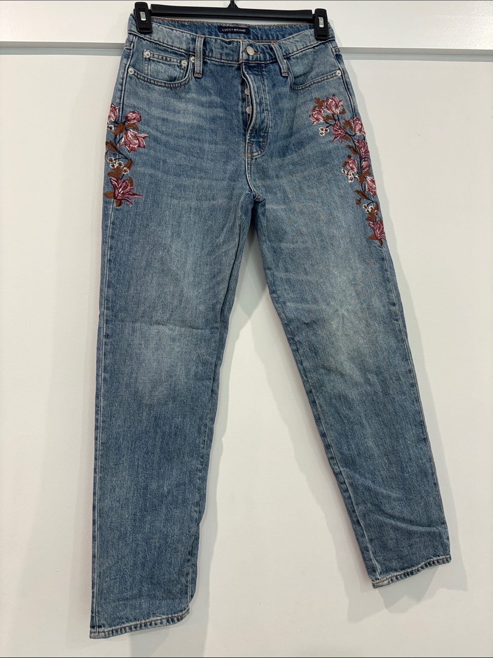Lucky Brand Light Blue Straight Leg Jeans with Pink & Brown Floral Embroidery